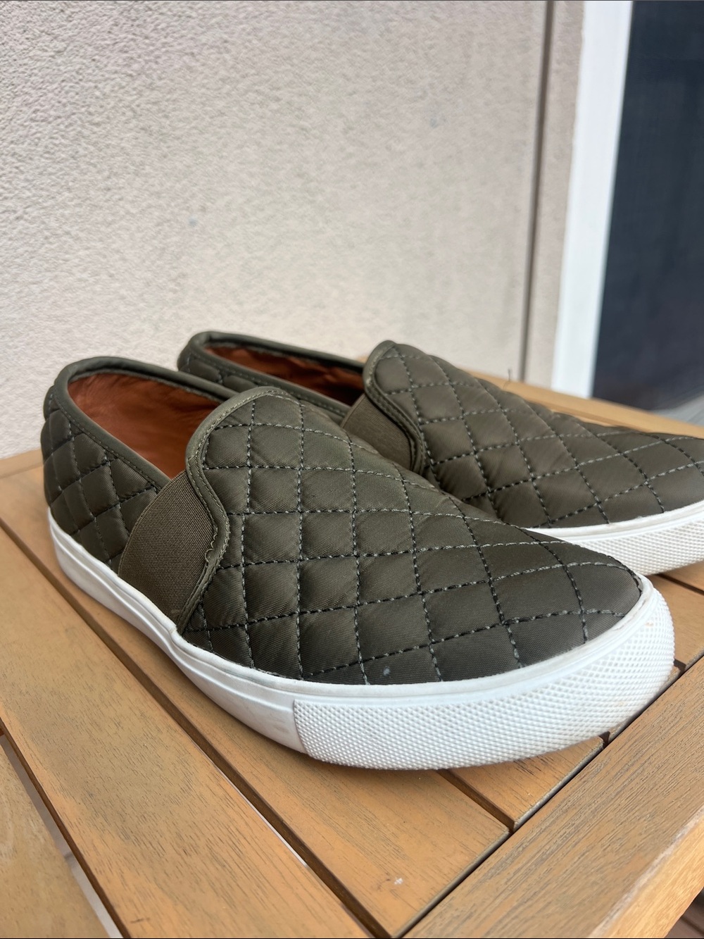 Steve Madden Quilted Olive Slip-On Sneakers with White Sole